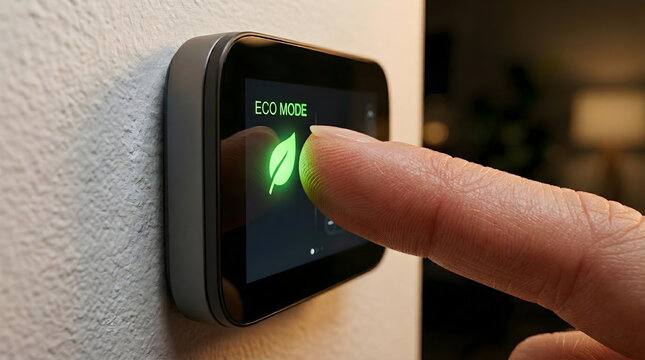 Close up of a finger pressing eco mode on a smart home thermostat to save energy