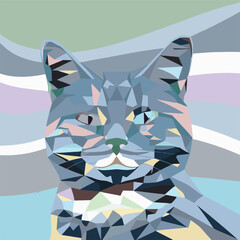 Geometric Abstract Portrait of a Tabby Cat with a Playful Gaze Against a Pastel Wavy Background