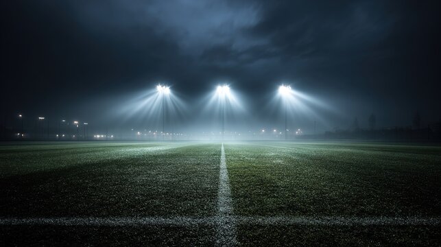 floodlight. Empty football field at twilight, illuminated by dramatic floodlights piercing through mist. event key visuals, club posters, designed for sports event promotions and stadium branding.