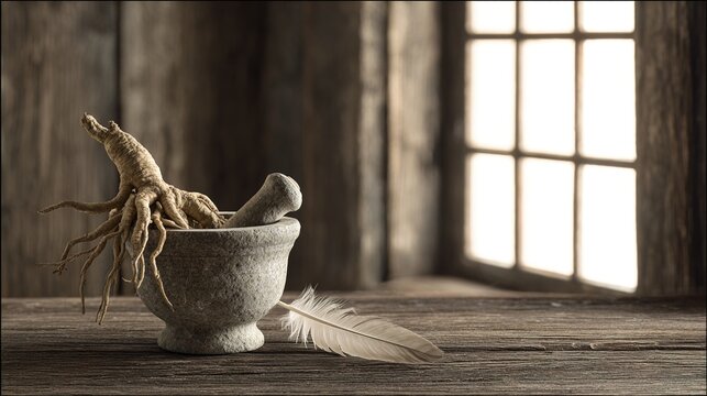 mandrake. Stone mortar with mandrake roots and petals on a wooden table. event programs, museum guides, designed for cultural heritage projects and event programs, elevates cultural identity.