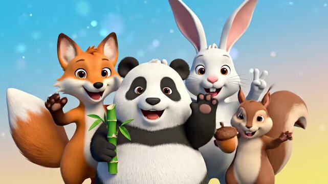 Happy cartoon animal friends fox panda rabbit squirrel group shot