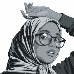 Beautiful Young Woman Wearing Hijab and Eyeglasses, Looking Upwards with a Pensive Expression, Illustrative Style