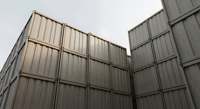 Stacked shipping containers against a gray sky