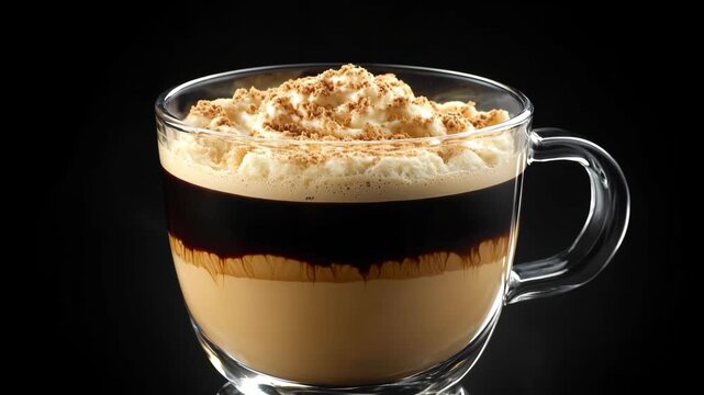 A glass espresso cup displays layers of rich crema and dark coffee, An espresso drink displayed on a sleek black