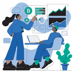 Business professionals analyzing cryptocurrency market trends and financial data on a digital dashboard, illustrating modern investment strategies and economic growth in a digital economy