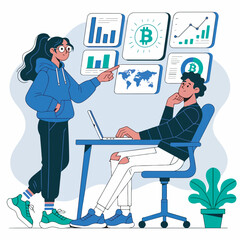 Modern business analytics and digital currency trading with data visualization on screen