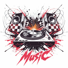 Dynamic DJ Turntable and Speaker Illustration with Explosive Sound Wave Effects and "Music" Text