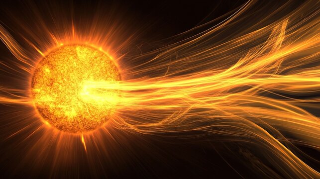 thermosphere. A painterly solar corona explosion with rippling aurora energy cascading toward a small blue planet. STEM education sheets.