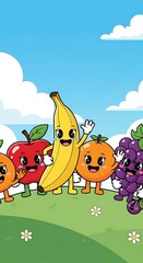 Fototapeta premium Happy cartoon fruit characters standing together on a green hill.