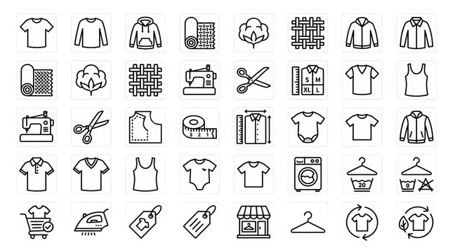 Set of clothing, textile, and tailoring line icons featuring garment care, sewing tools, fabric manufacturing, and fashion retail symbols for industry design.