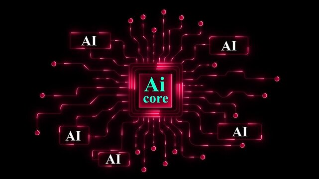Futuristic glowing neon circuit board background with artificial ai core ip connect, digital technology , abstract high-tech design, blue light lines and luminous connection 4k animation video,.