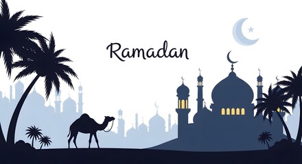 Ramadan Kareem greeting with mosque, palm trees and camel silhouette under crescent moon, a cultural celebration of Islamic faith and spiritual reflection