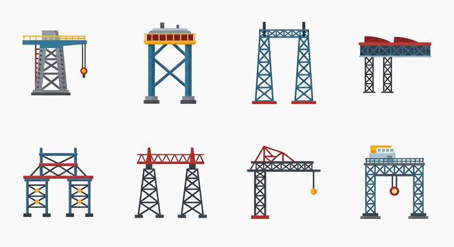Set of flat vector illustrations showcasing industrial infrastructure elements cranes, gantry systems, and towering structures for construction and heavy industry