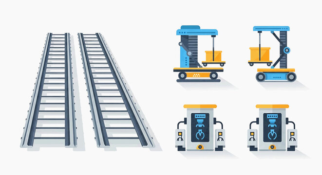 Integrated industrial automation Modern railway tracks, robotic lifting systems, and autonomous vehicles for smart logistics and advanced factory processes