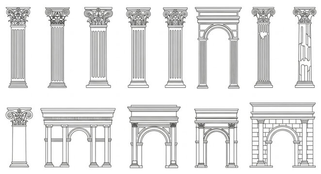 Collection of Architectural Columns and Arches in Sketch Style.