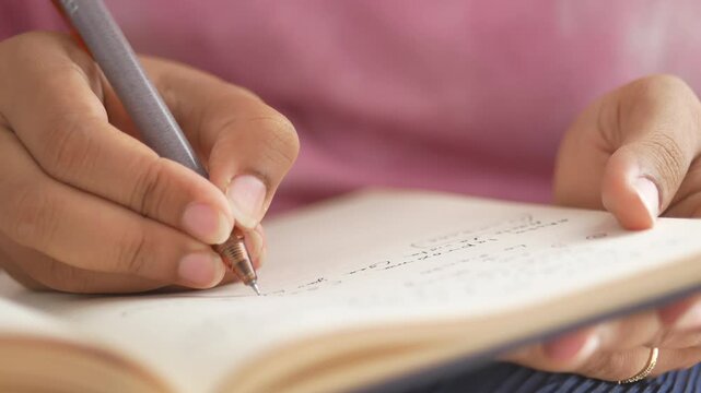 Close up view of person's hands writing in a journal with a pen, capturing thoughts and ideas on paper in a dynamic and reflective motion