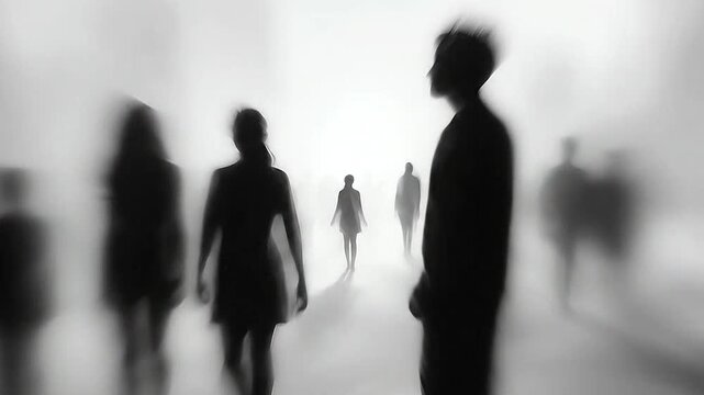 Silhouetted figures walk through a mysterious, foggy environment with long