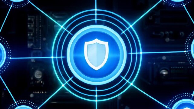 Network security concept with shields on blue circuits background