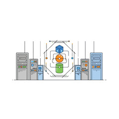 Illustration of a data processing system with interconnected servers and a central network diagram on a white background.