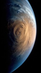 Naklejka premium Dramatic View of Earth from Space with Golden Light Reflecting off Swirling Clouds against Black Void High Angle Perspective