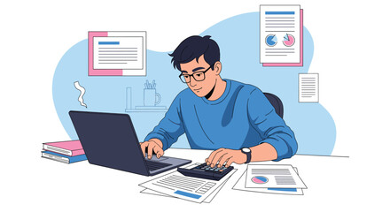 Naklejka premium Focused man working on laptop with financial documents charts and calculator at his home office desk workspace.