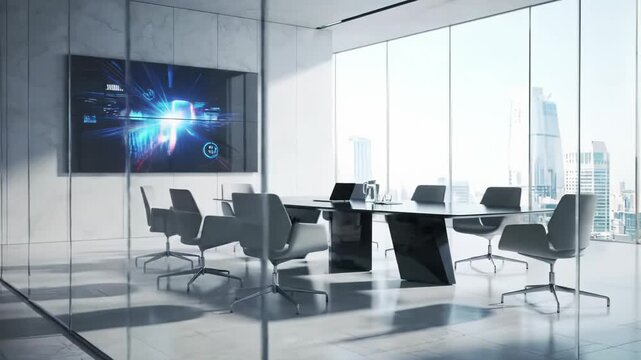Slow dolly video of empty ultra-modern glass-walled conference room, sleek table, abstract data screen, city skyline background, diffused light, soft reflections. Global connectivity concept