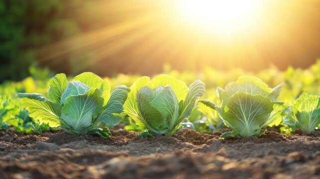 Sun-kissed Cabbage Patch: a captivating scene, showcasing vibrant green cabbages basking in the warmth of a golden sunlight, illustrating growth, freshness, and the bounty of nature's offerings.