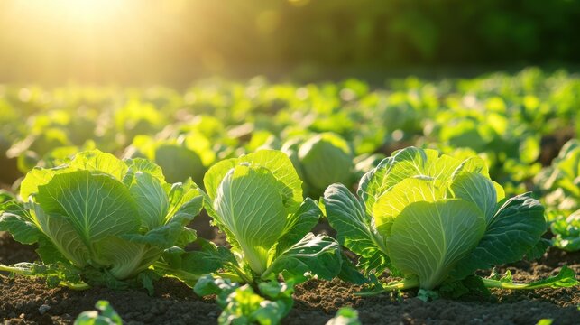 Green Cabbage Field Under Sunlight: Fresh cabbage heads bask in the warm sunlight, thriving in a rich field, depicting healthy agricultural practices and the bounty of nature.