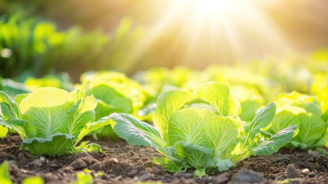 Sunlit Cabbage Patch: Sunlight bathes a lush field of cabbages in a scene of agricultural beauty, the sun's rays illuminating each vibrant green head, invoking the promise of fresh.