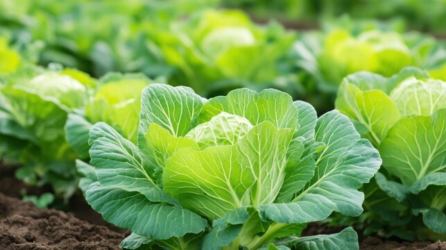 Lush Cabbage Patch: Rows of vibrant, verdant cabbage heads thrive in a meticulously cultivated garden, showcasing nature's bounty and the promise of a healthy harvest.