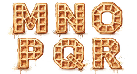 Fototapeta premium Watercolor Waffle Alphabet M-R Sweet Breakfast Letters
