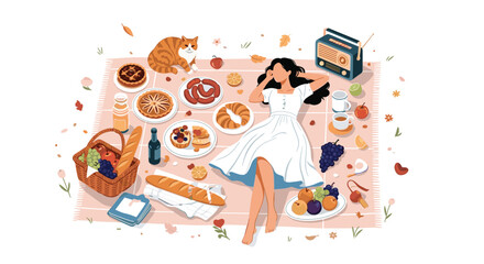 Young woman relaxing on a picnic blanket surrounded by various delicious foods, fruits, a vintage radio, and a cute ginger cat.
