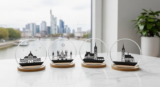 Architectural Silhouette Art: Cityscapes Encased in Clear Acrylic Domes on Cork Bases
