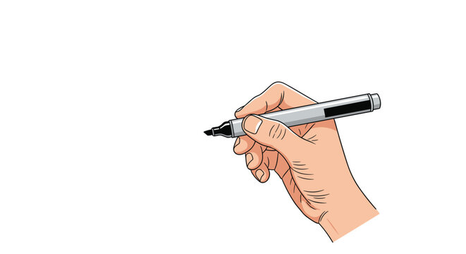 Realistic hand shown in profile holding a thick black permanent marker ready to write or draw on an empty white background.
