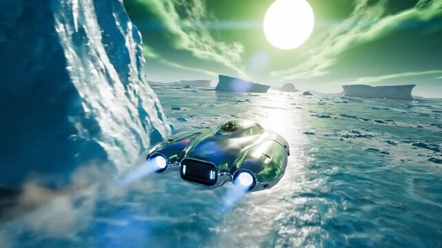 Futuristic Hovercraft Glides Across Alien Frozen Waters