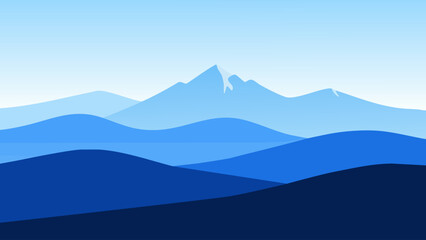 Layered blue mountain ranges create a minimalistic and tranquil landscape scene.