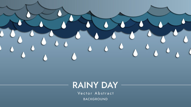 A layered paper art illustration depicts a rainy day with falling raindrops.