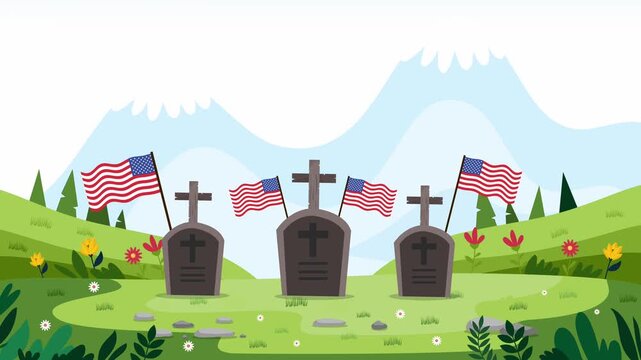 row of graves in mountain landscape with flags for memorial day