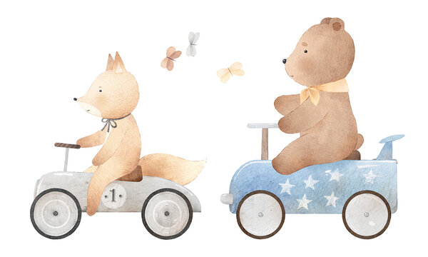 Animals on toy cars. Watercolor illustration. Can be used for cards, invitations, baby shower, posters. Vintage.