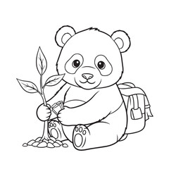 Obraz premium Cute Panda Planting Tree with Backpack Coloring Page Line Art