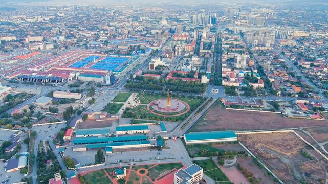Grozny, Russia. Memorial. Panorama of the city center from the air. Time after sunset. Drone footage