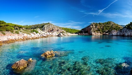 Obraz premium A Vibrant Landscape With Clear Water And Rocky Hills