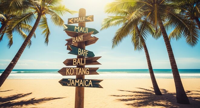 Tropical Beach Destination Signpost: Palm Trees, Turquoise Sea, and Sandy Paradise