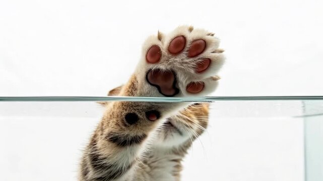 Playful feline animal kitten fur paw with claw toe pad on glass white background