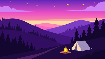 A vibrant illustration depicts a peaceful nighttime camping scene with mountains. © Mansura