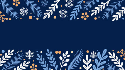 Festive winter scene with snowflakes, pine branches, and berry accents. © Mansura