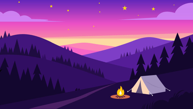A vibrant illustration depicts a peaceful nighttime camping scene with mountains.