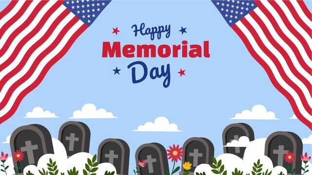 happy memorial day greeting with american flags and row of dark tombstones