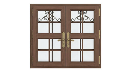 Obraz premium Ornate wooden double doors with glass panels and decorative scrollwork
