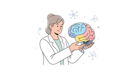 Female Scientist Holding Human Brain Model.